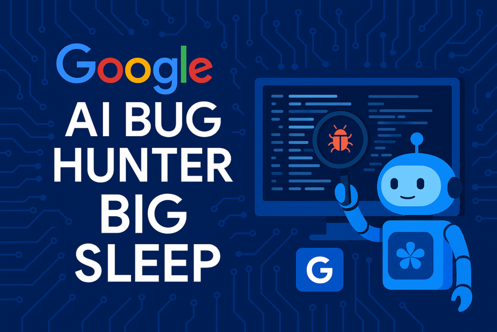 Illustration of Google's AI bug hunter Big Sleep scanning code with a robot inspecting a red bug icon on a screen, representing AI-powered cybersecurity detection